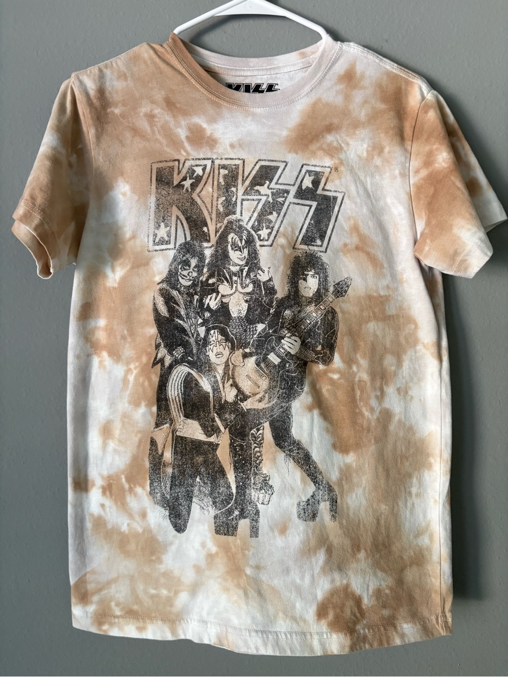 KISS Band Unisex Small Tan Cream Tie Dye Graphic Tee Shirt